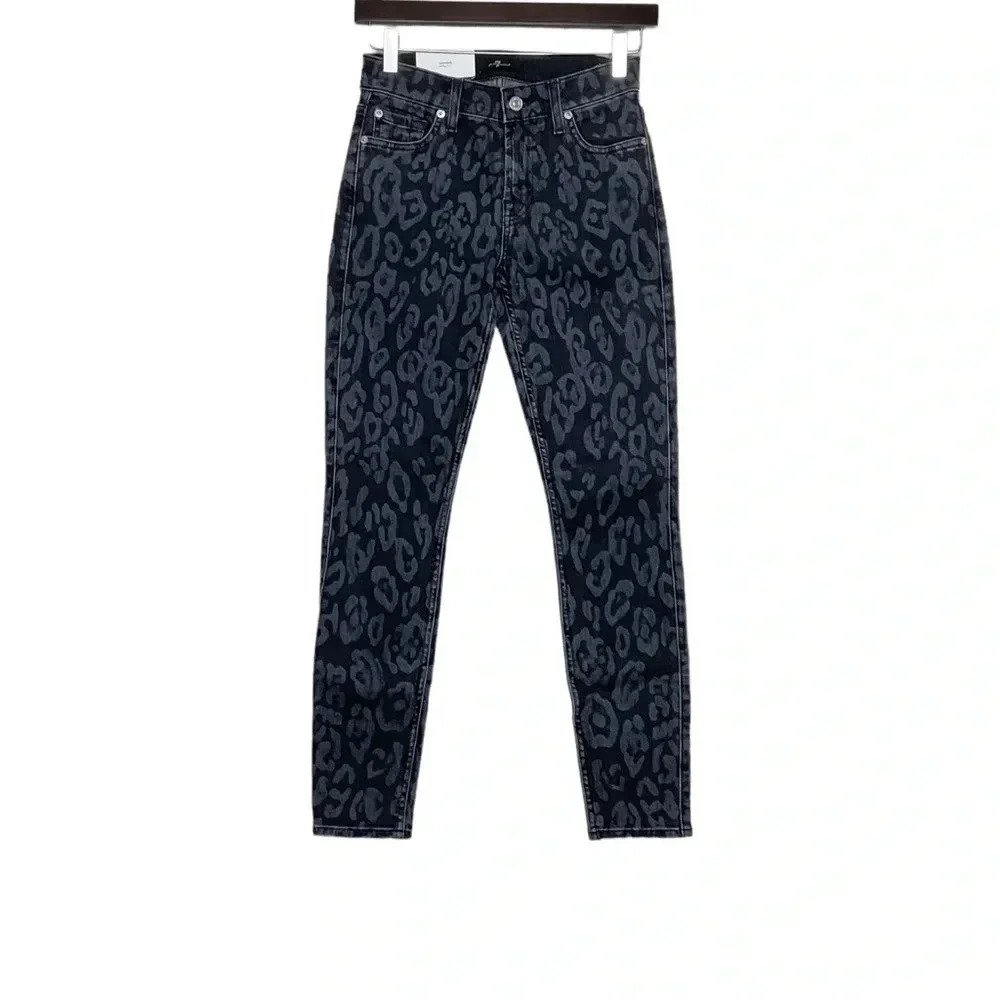 7FAMK Black Skinny Ankle Jeans Animal Print Size 25
